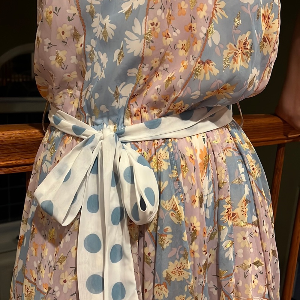 FOREVER UNIQUE Halter Gold Blue Purple Floral Handkerchief Hem Dress, Sz 2 NWT - Picture 7 of 12